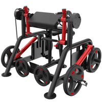 Thumbnail for Black and red biceps curl machine with weight plates, preacher pad, and handles.
