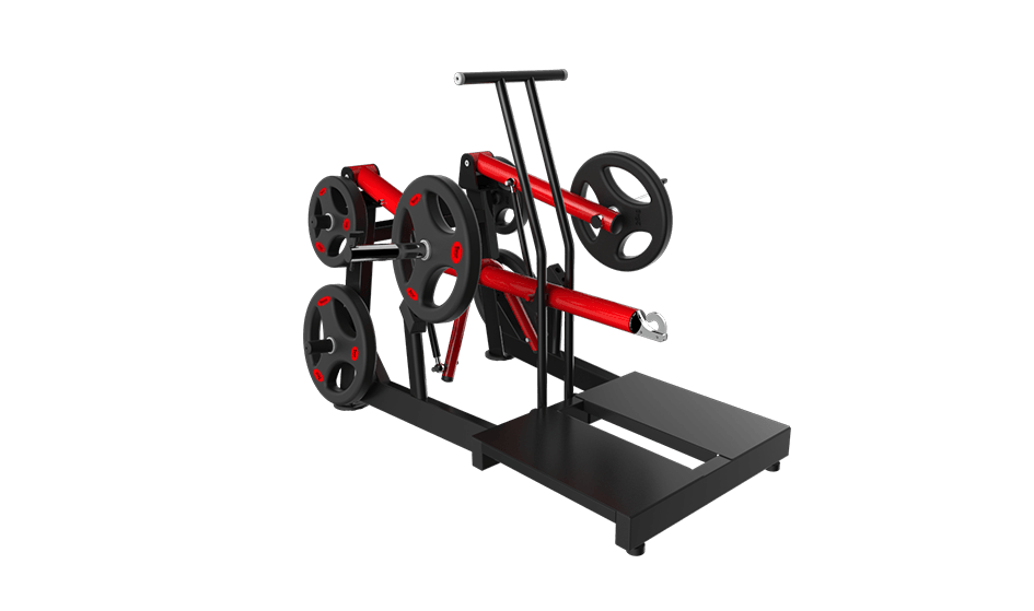 Black and red belt squat machine with weight plates on a dark green background.