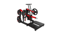 Thumbnail for Black and red belt squat machine with weight plates on a dark green background.