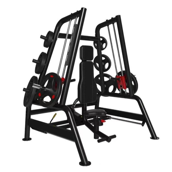 Black and red weightlifting machine with a padded seat, multiple weight plates, and cable pulleys.