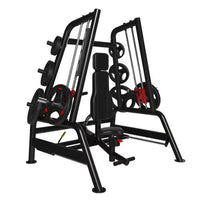 Thumbnail for Black and red weightlifting machine with a padded seat, multiple weight plates, and cable pulleys.