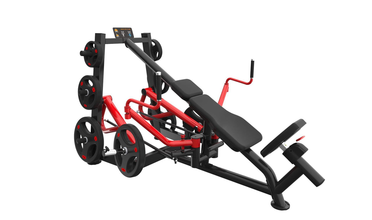 Black and red decline chest fly machine with weight plates and an adjustable seat.