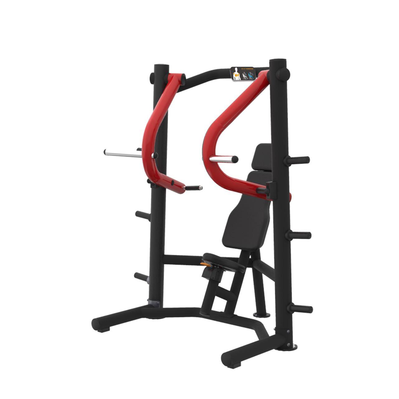 Black and red decline chest press machine with an adjustable seat and weight plate storage.