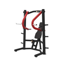 Thumbnail for Black and red decline chest press machine with an adjustable seat and weight plate storage.