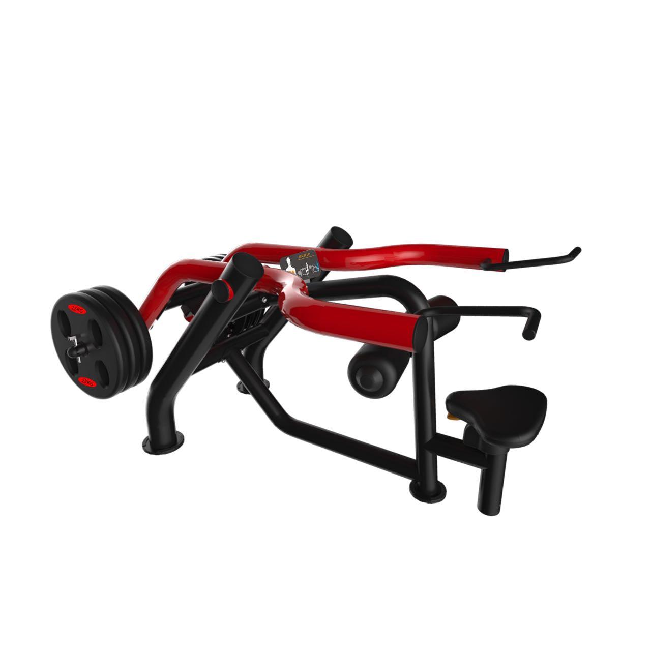Red and black seated dip/triceps press machine with weight plates on a white background.