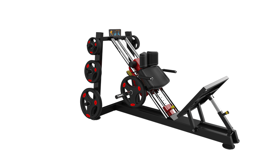 Black and red hack squat and calf raise machine with weight plates on a dark green background.