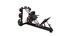 Thumbnail for Black and red hack squat and calf raise machine with weight plates on a dark green background.