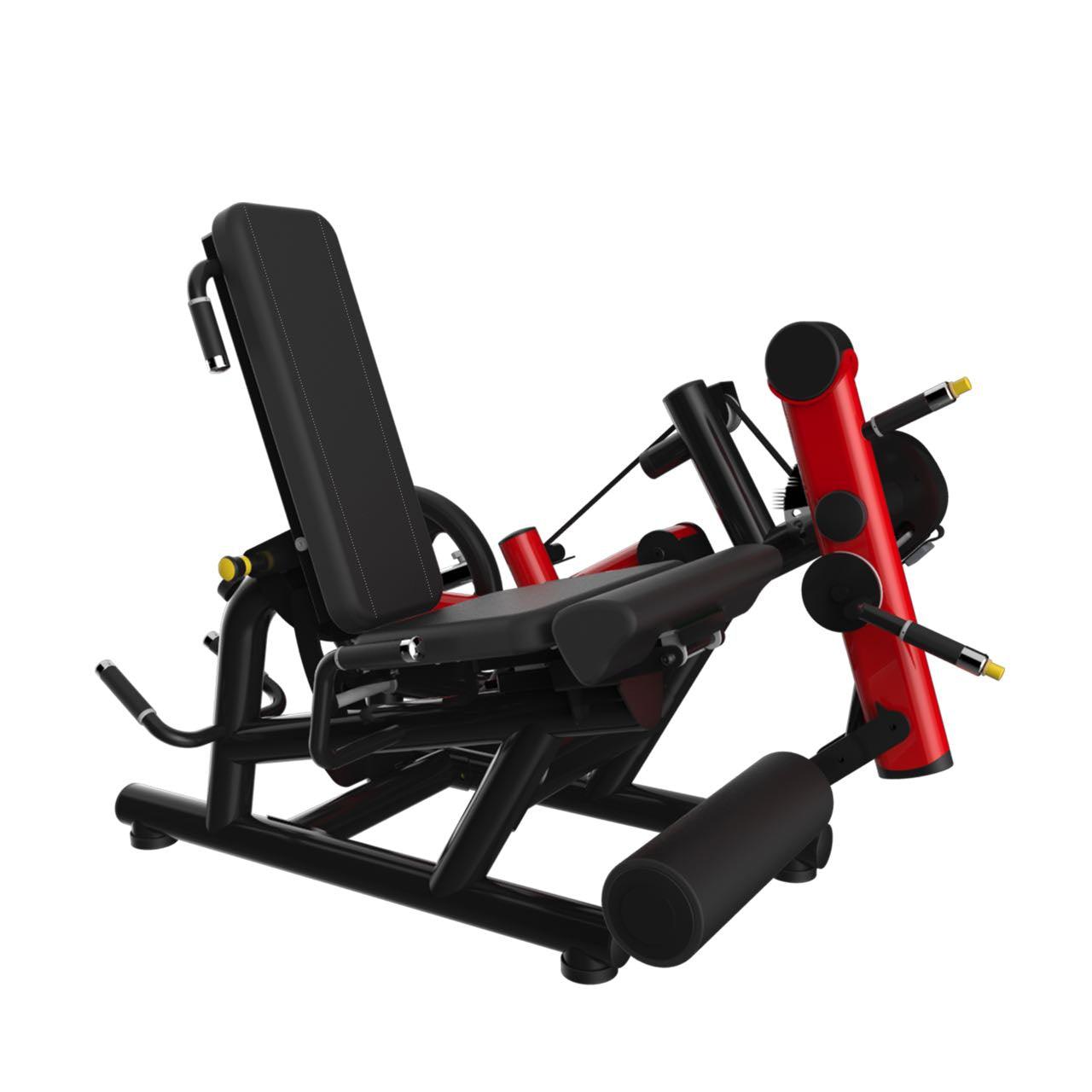 Black and red seated leg extension and prone leg curl combo machine with padded seats and rollers.