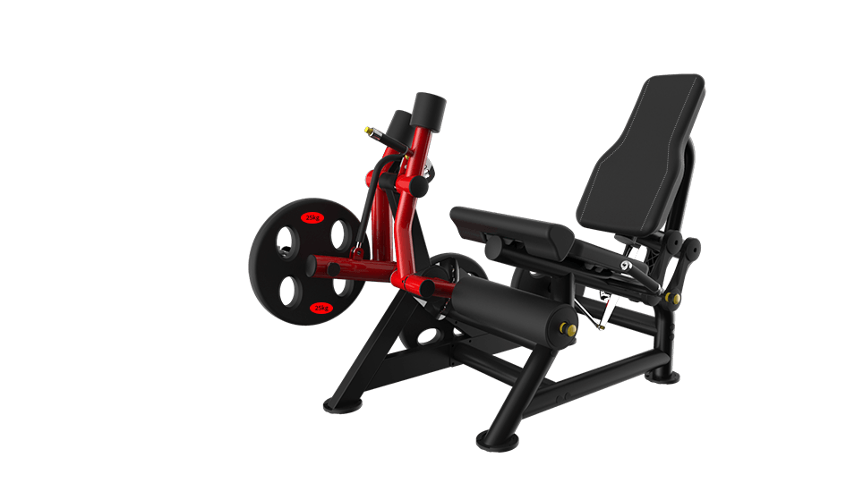 Red and black leg extension machine with a weight plate, angled view.