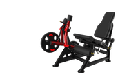Thumbnail for Red and black leg extension machine with a weight plate, angled view.