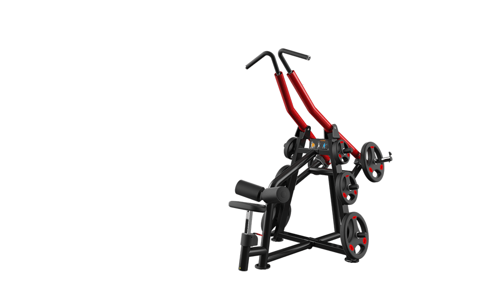 Black and red lat pull-down machine with weight plates on a dark green background.