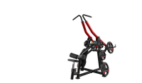 Thumbnail for Black and red lat pull-down machine with weight plates on a dark green background.