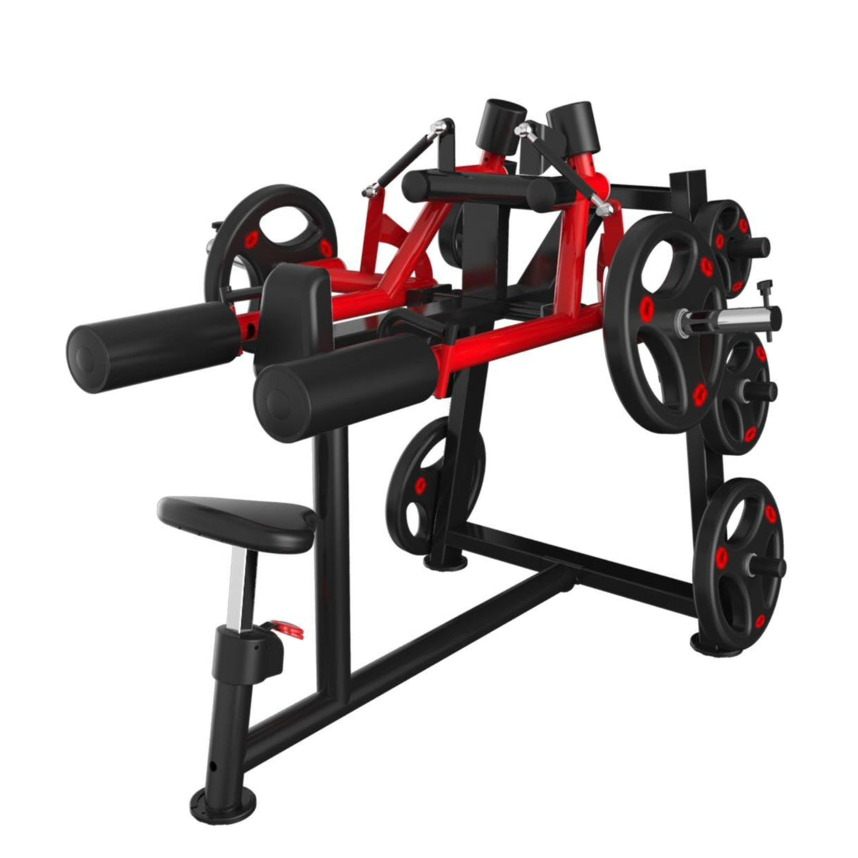 Red and black lateral raise machine with padded armrests, seat, and weight plate holders.