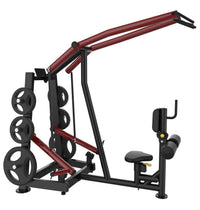 Thumbnail for Black and red lat pulldown and high row machine with weight plates and adjustable seat.
