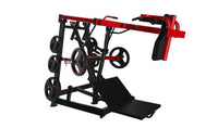 Thumbnail for Red and black pendulum squat machine with weight plate holders and a large foot platform.
