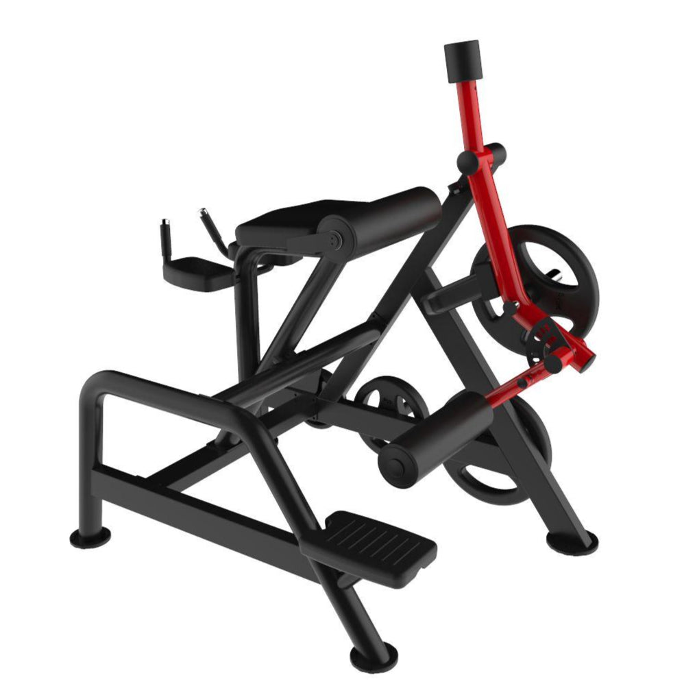 Black and red reverse hyper machine with padded bench, footrests, and weight plate holders.