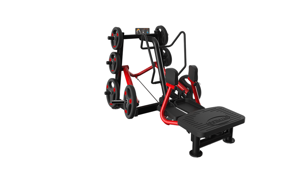 Black and red standing abductor machine with weight plates on a dark green background.