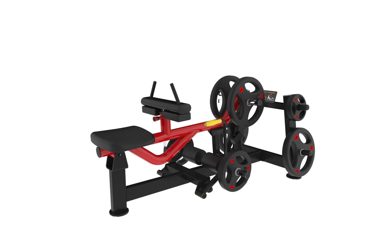 Red and black seated calf/tib machine with weight plates on a white background.