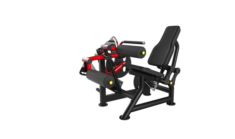 Black and red seated leg curl machine with yellow accents on a dark green background.