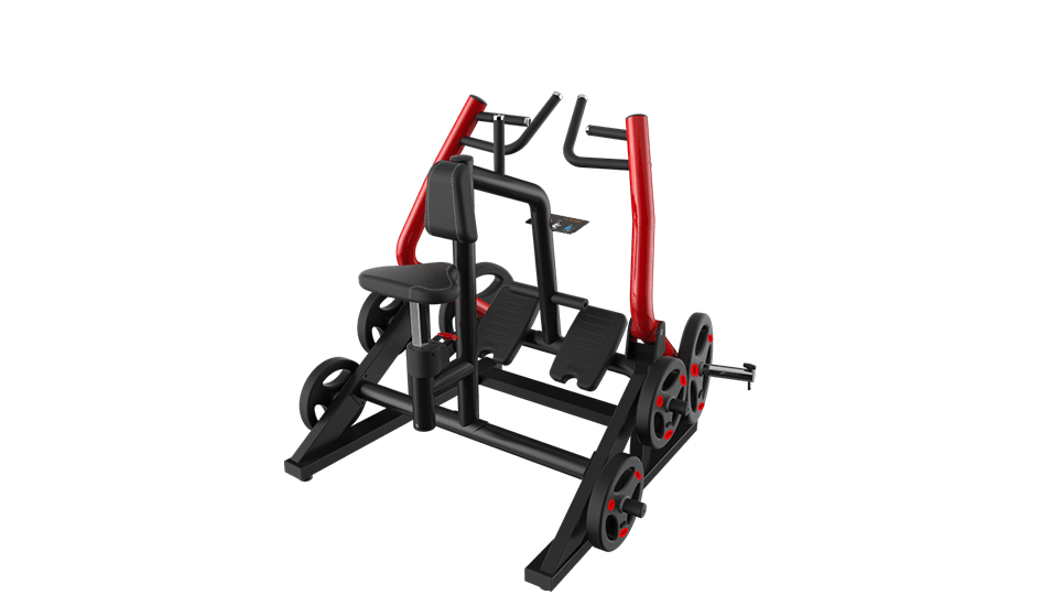 Black and red iso-lateral seated row machine with a padded seat, footrests, and weight plate holders.