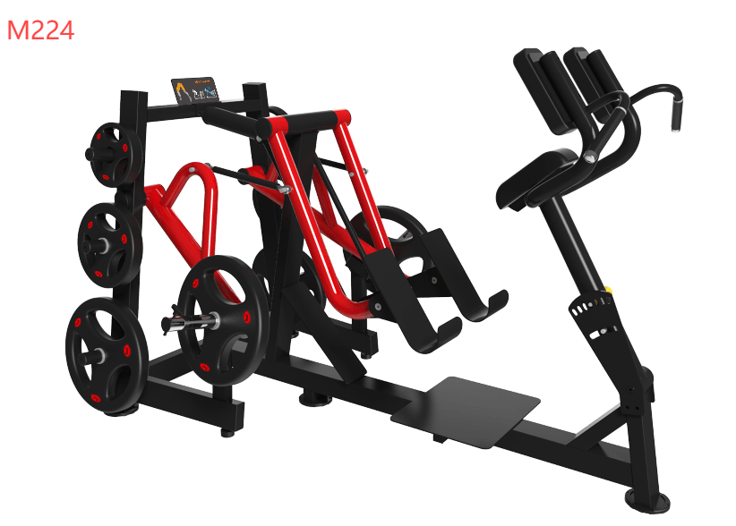Black and red iso-lateral sprint trainer with weight plates, footrests, and chest pads.
