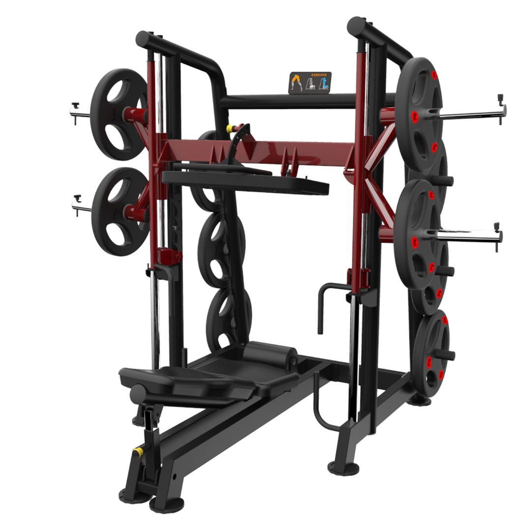 Black and red vertical leg press machine with weight plates on a white background.