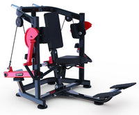 Thumbnail for Black and red biceps curl machine with a padded seat and backrest, cables, and footrests.