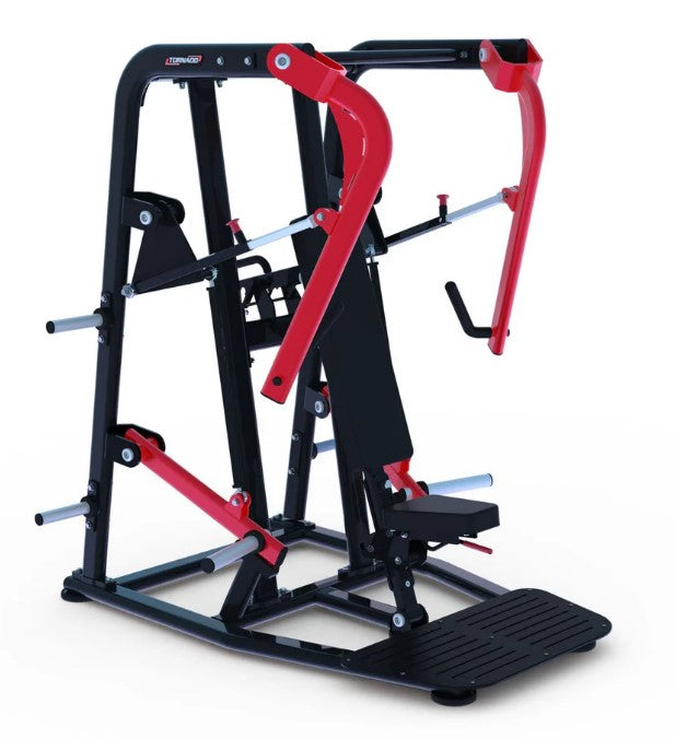 Black and red chest press machine with a seat, footplate, and weight plate holders.
