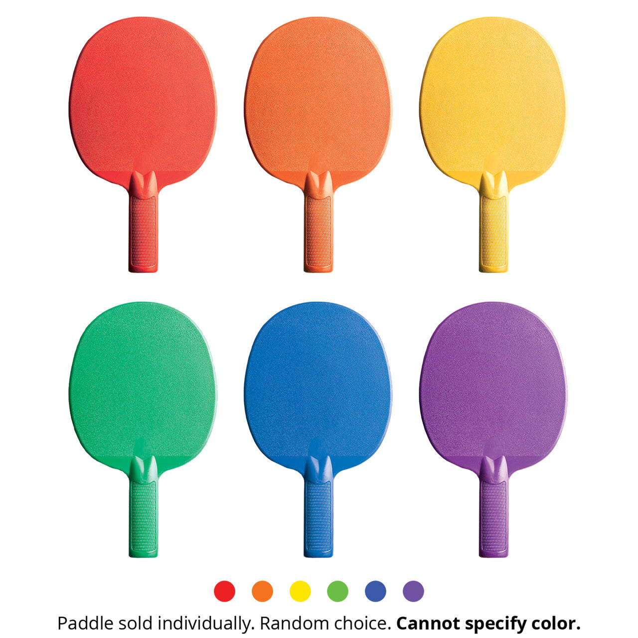 Six colorful plastic table tennis paddles in red, orange, yellow, green, blue, and purple.