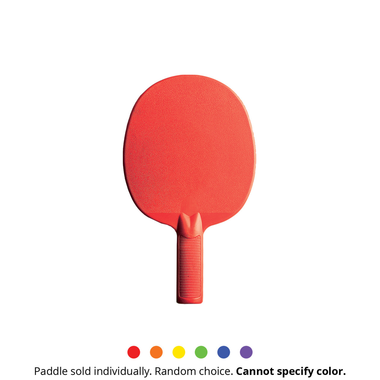 Red plastic table tennis paddle with a textured handle.