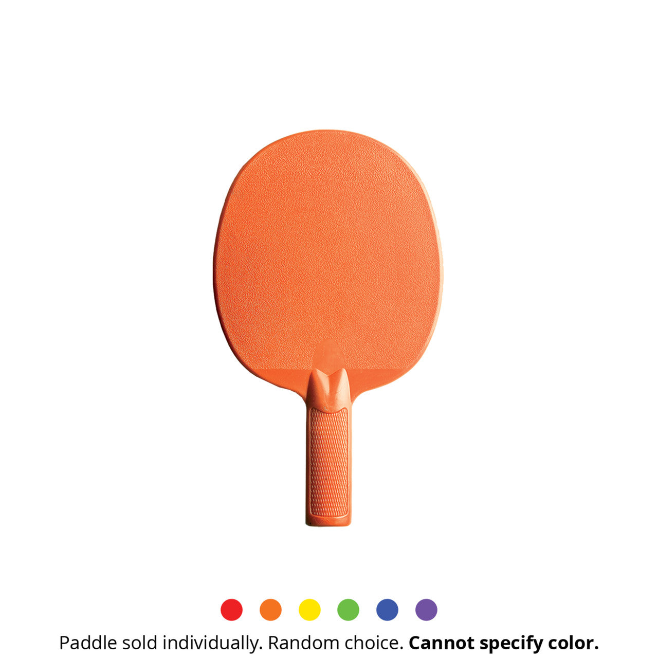 Orange plastic table tennis paddle with a textured grip.
