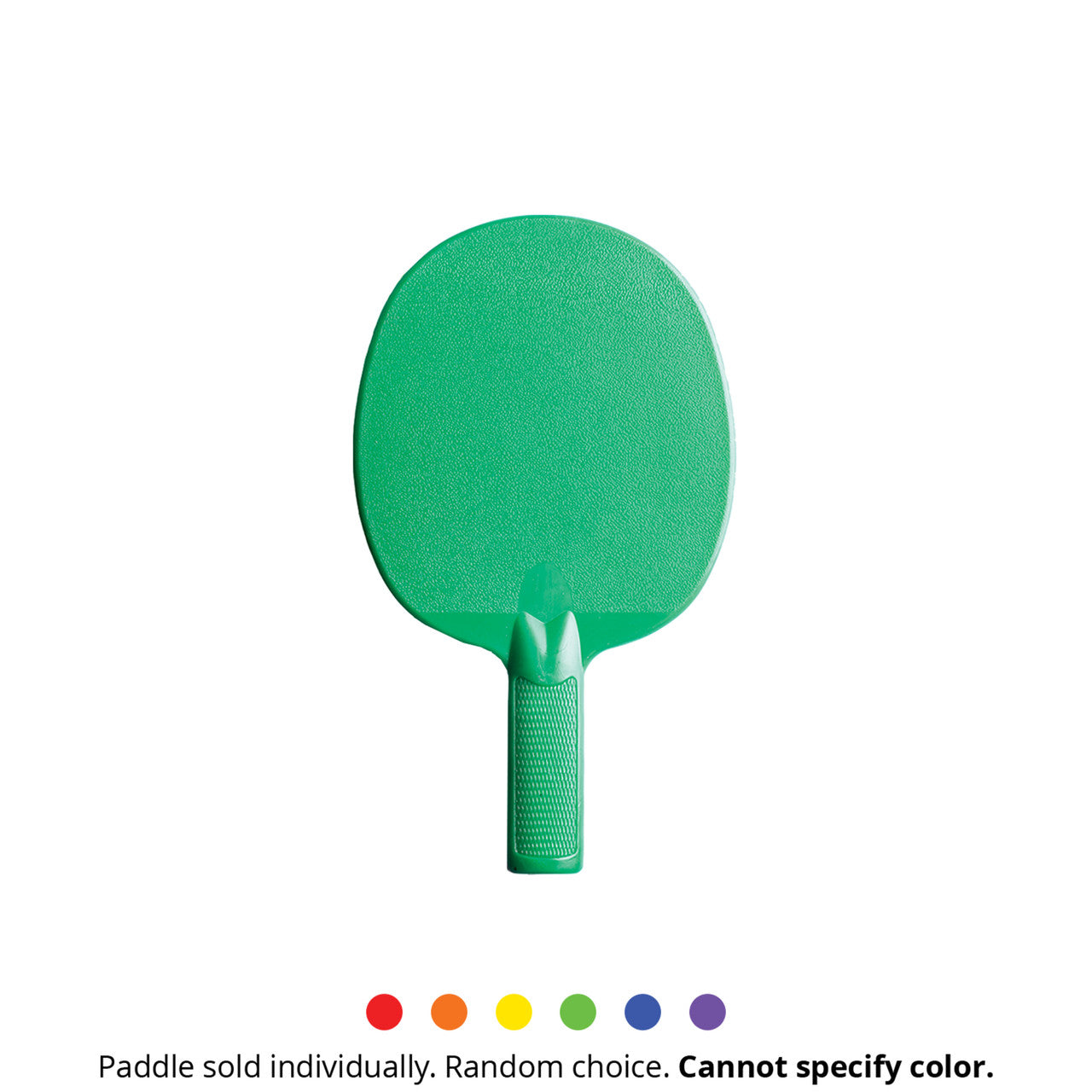 Green plastic table tennis paddle with a textured grip.