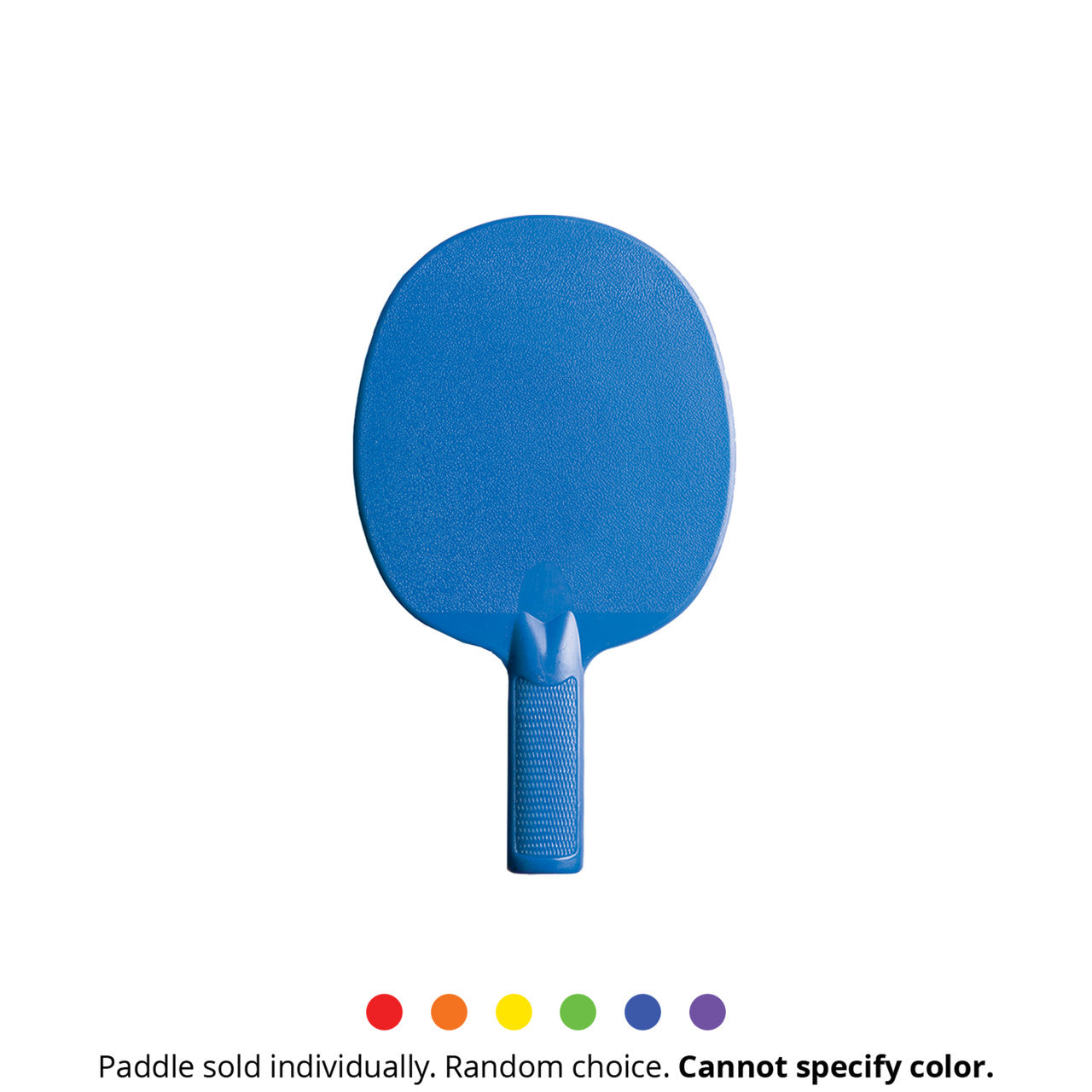 Blue plastic table tennis paddle with a textured handle on a white background.