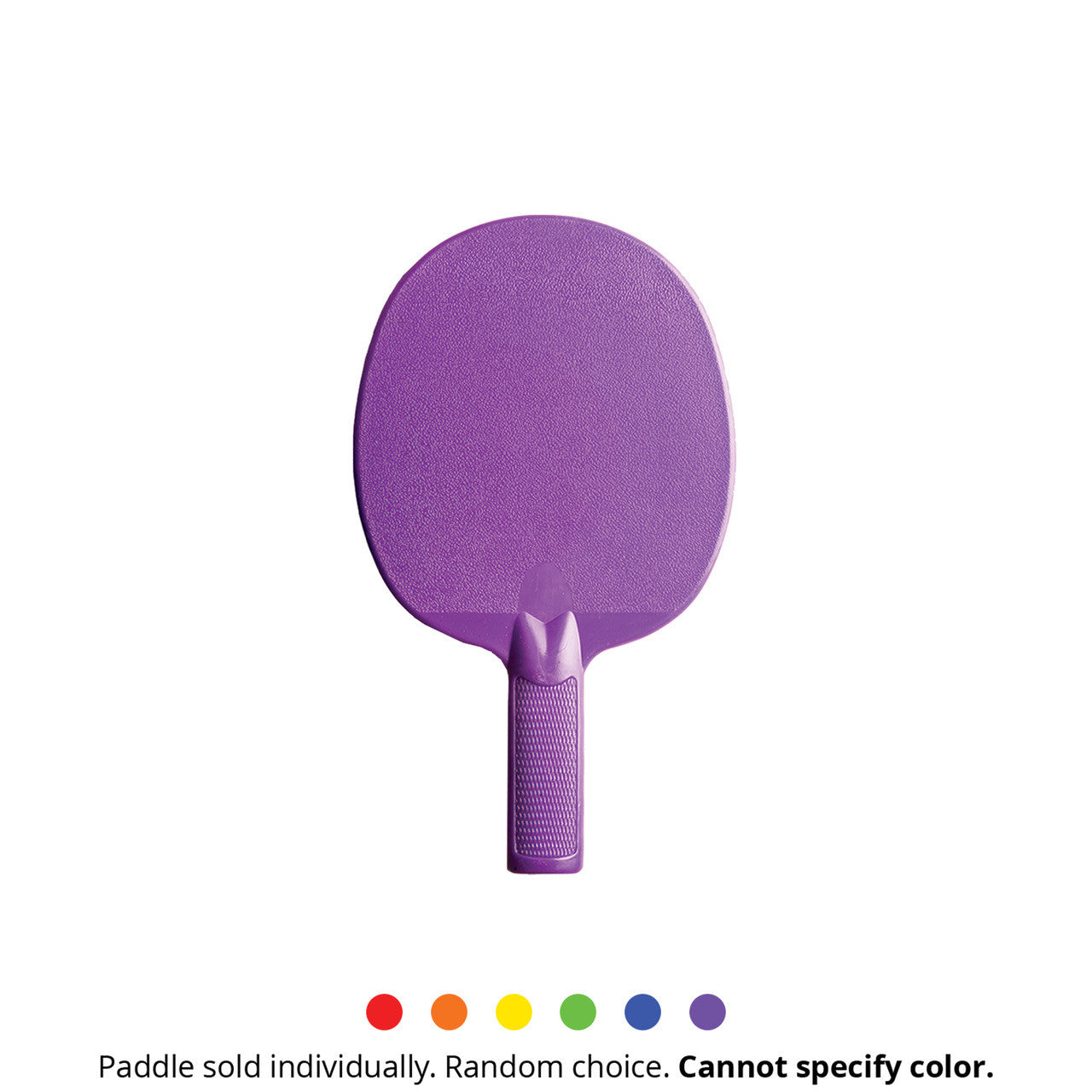 Purple plastic table tennis paddle with a textured surface and handle.