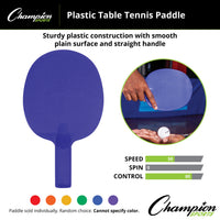 Thumbnail for Blue plastic table tennis paddle, with a hand holding another paddle and a ball in the background.