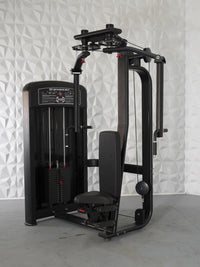 Thumbnail for Black commercial pec deck/rear delt machine with weight stack, adjustable seat, and red accents.