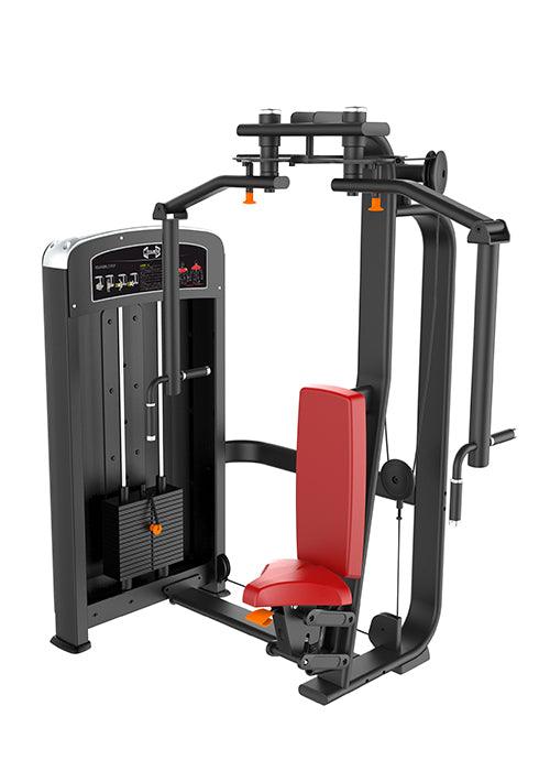 Black and red pec deck/rear delt machine with adjustable seat and pin selectorized weight stack.