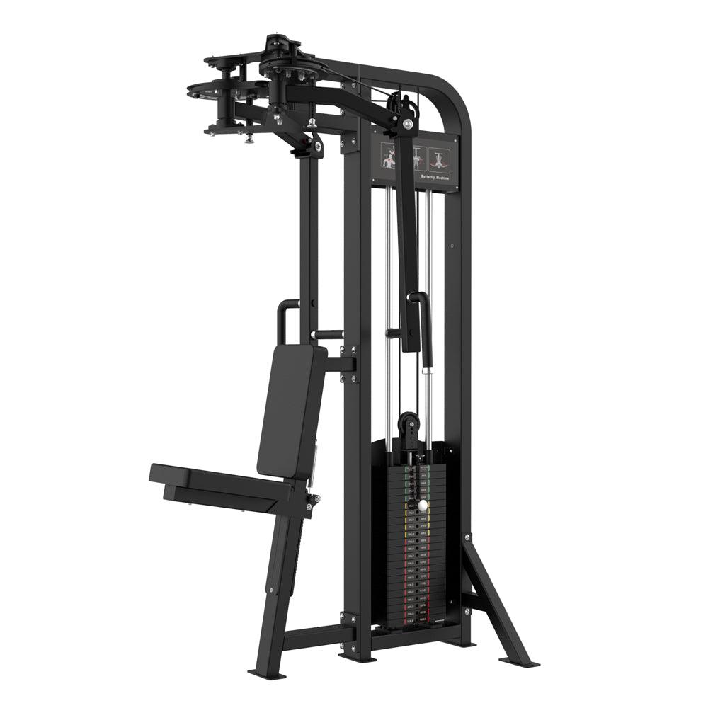 Black selectorized pec dec/rear delt combo machine with a weight stack and padded seat.