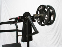 Thumbnail for Black plate-loaded squat machine with two 45lb weight plates on the right, and a footplate on the bottom left.