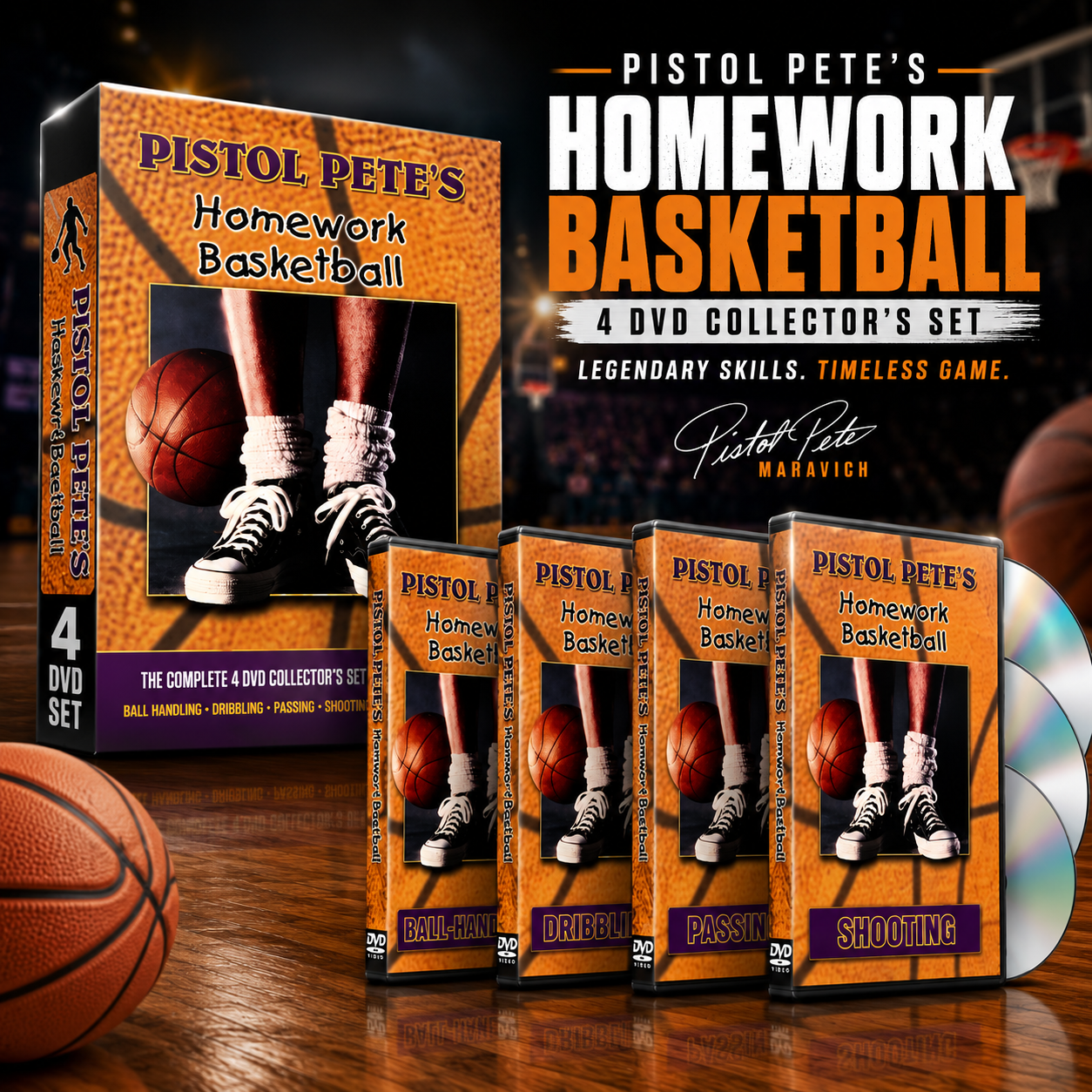 Pistol Pete's Homework Basketball complete 4 DVD collector's set featuring ball handling, dribbling, passing, and shooting workouts