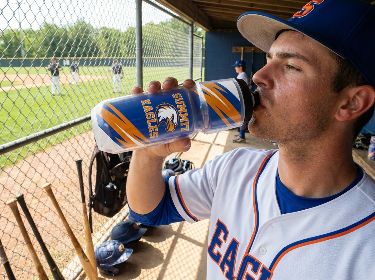 Baseball player in dugout drinks from a custom blue, orange, and white water bottle with an eagle logo.