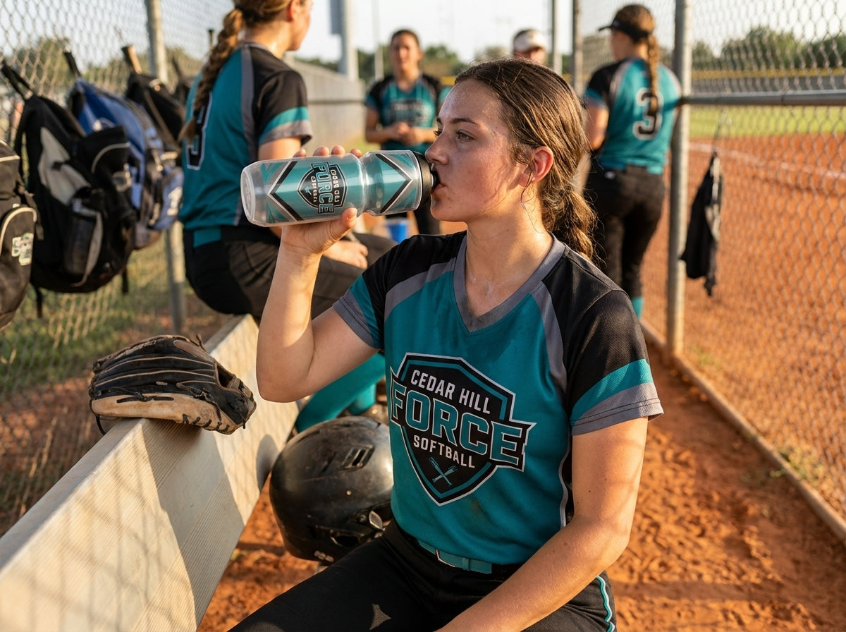 Softball player in teal jersey drinking from a custom water bottle on a bench.