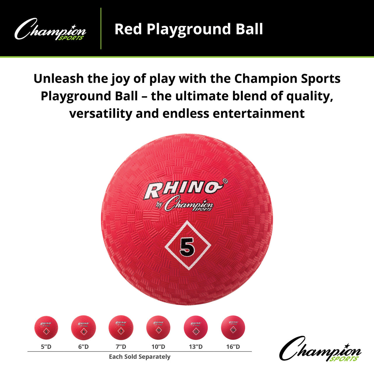 Durable Champion red playground ball for kickball, PE, recess, and everyday play. Nylon wound 2-ply construction. Multiple sizes available.