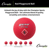 Thumbnail for Durable Champion red playground ball for kickball, PE, recess, and everyday play. Nylon wound 2-ply construction. Multiple sizes available.