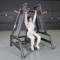 Thumbnail for Woman using a Power Leverage V2 Convergent Bench for shoulder press, arms extended overhead.