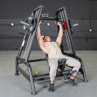 Thumbnail for Man performing incline shoulder press on a black Power Leverage V2 Convergent Bench with 45lb plates.