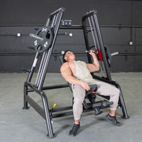 Thumbnail for Muscular man performing incline shoulder press on a black leverage bench with weight plates.
