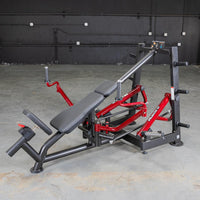 Thumbnail for Red and black decline chest fly machine with an adjustable padded bench in a gym setting.