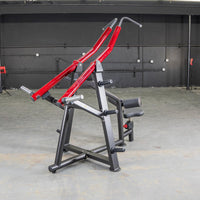 Thumbnail for Red and black iso-lateral lat pull machine with a padded seat in a gym.