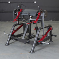 Thumbnail for Black and red biceps curl machine with a padded armrest and weight plate holders.